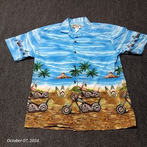 DJ Hawaii Shirt Adult Medium Blue Hawaiian Islands Palm‎ Tree Motorcycles